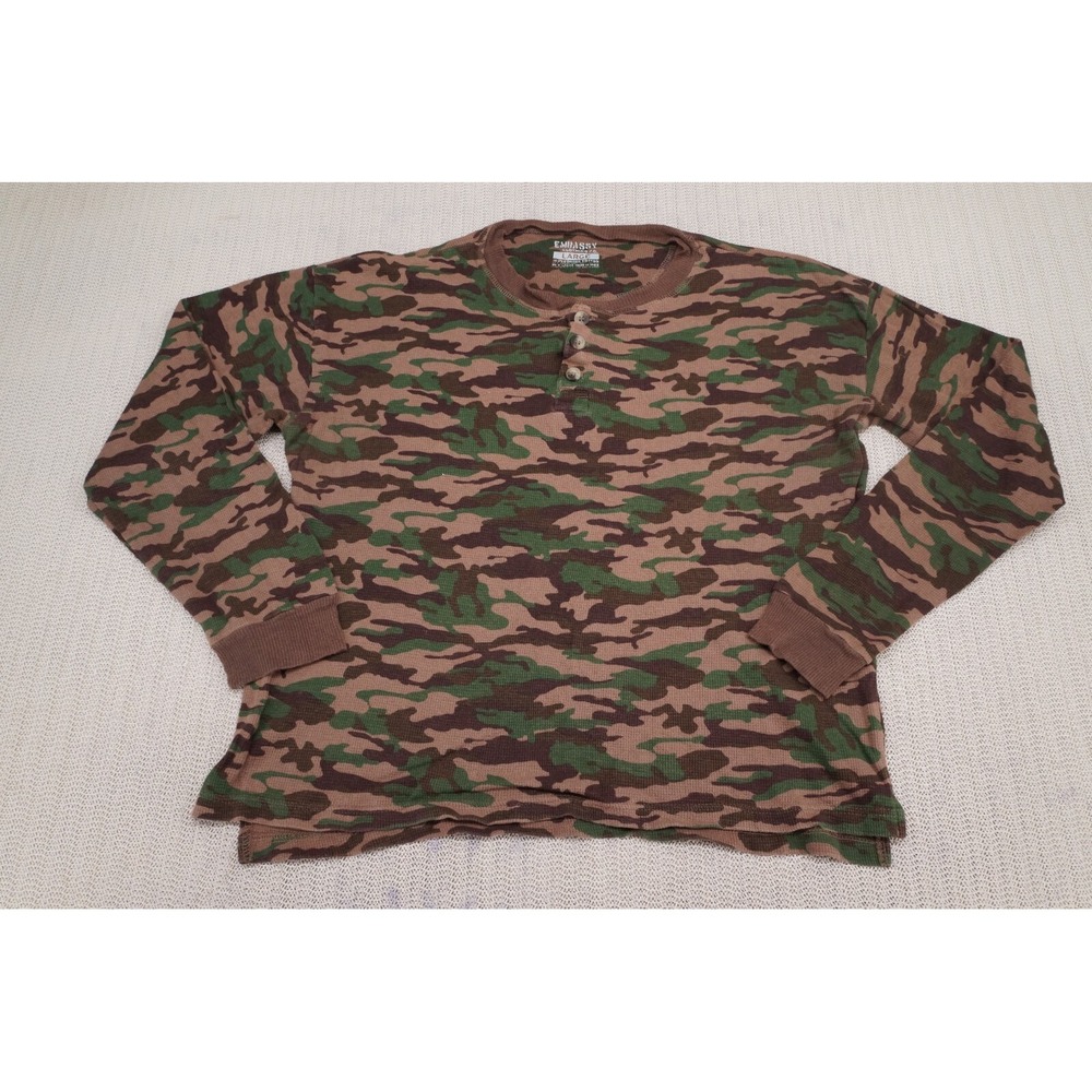Embassy Shirt Mens Large Henley Long Sleeve Thermal Green Woodland Camo